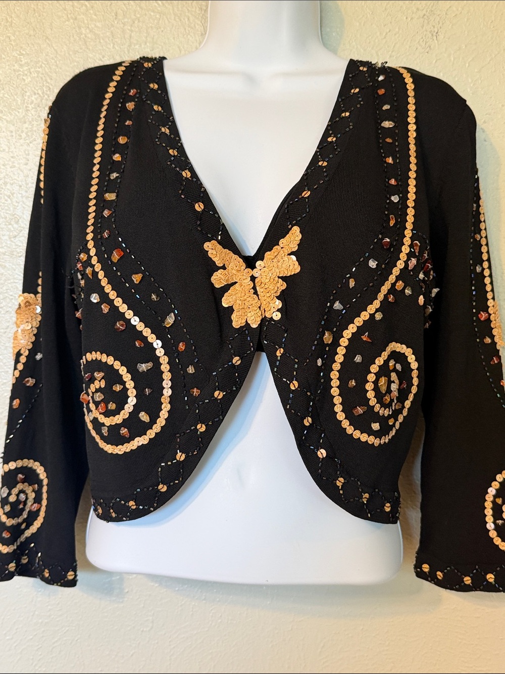 Y2K Butterfly Bolero Colour Works Sequin & Beaded Cropped Viscose Knit Cardigan
